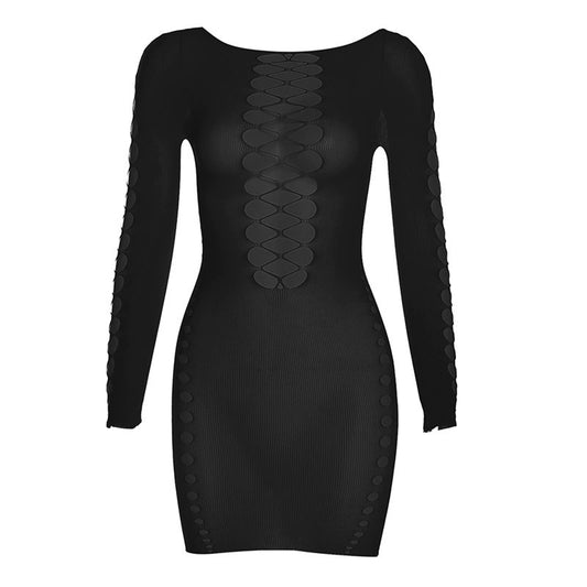 Wholesale Spring New Fashion Black Jacquard Hollow-Out Round Neck High-Waisted Slim Fit Short Dress for Women